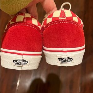 Vans Old Skool Checkerboard Shoe. Bold Red and White Sneakers